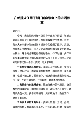 在新提拔任用干部任前座谈会上的讲话范文