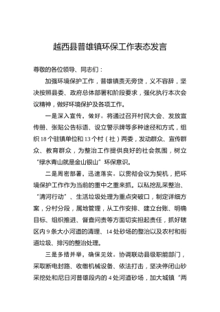 越西县普雄镇环保工作表态发言稿