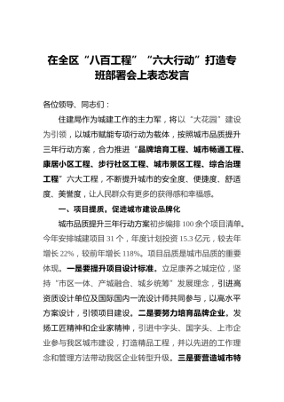在全区“八百工程”“六大行动”打造专班部署会上表态发言