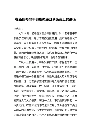 在新任领导干部集体廉政谈话会上的讲话