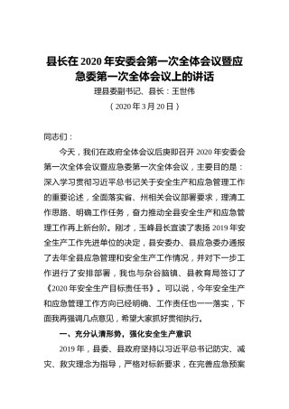 县长在2020年安委会第一次全体会议暨应急委第一次全体会议上的讲话
