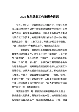 2020年稳就业工作推进会讲话