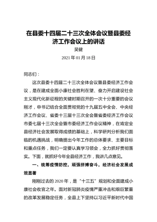 吴健：在县委十四届二十三次全体会议暨县委经济工作会议上的讲话（20210118）