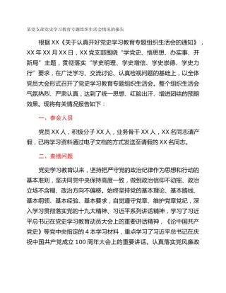 某党支部党史学习教育专题组织生活会情况的报告