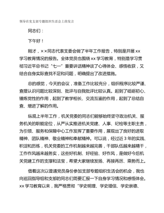 领导在党支部专题组织生活会上的发言