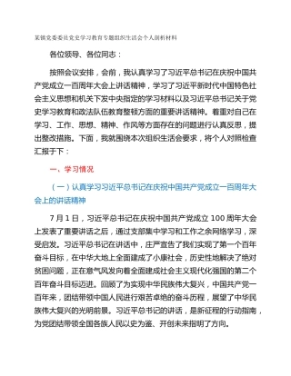 某镇党委委员党史学习教育专题组织生活会个人剖析材料