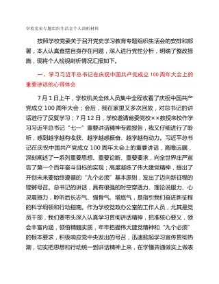 学校党史专题组织生活会个人剖析材料