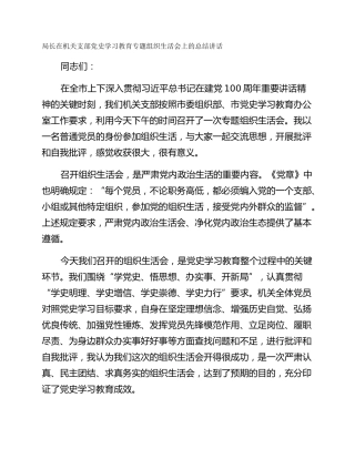 局长在机关支部党史学习教育专题组织生活会上的总结讲话
