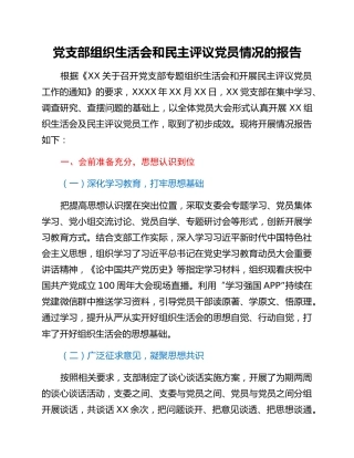 党支部（党史）专题组织生活会和民主评议党员情况的报告