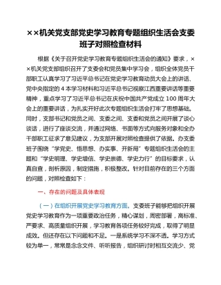 机关党支部党史专题组织生活会班子集体对照检查材料