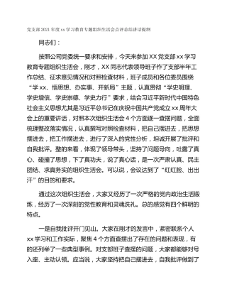 党支部2021年度xx学习教育专题组织生活会点评总结讲话提纲