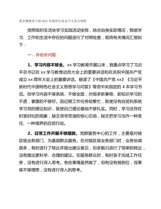 某乡镇领导干部2021年组织生活会个人发言材料