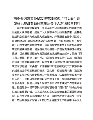 市委书记落实脱贫攻坚专项巡视“回头看”反馈意见整改专题民主生活会个人对照检查材料