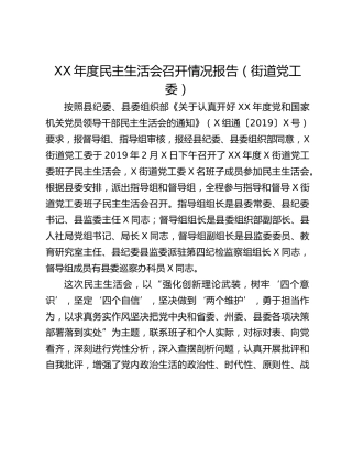 XX年度民主生活会召开情况报告（街道党工委）