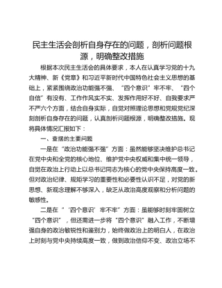 民主生活会剖析自身存在的问题，剖析问题根源，明确整改措施