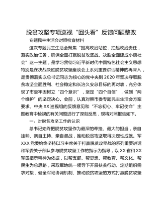 脱贫攻坚专项巡视“回头看”反馈问题整改 专题民主生活会对照检查材料