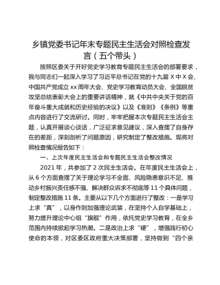 乡镇党委书记年末专题民主生活会对照检查发言（五个带头）