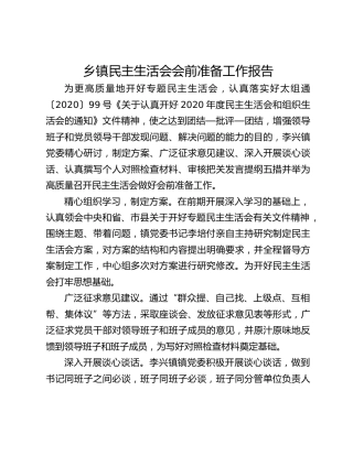 乡镇民主生活会会前准备工作报告