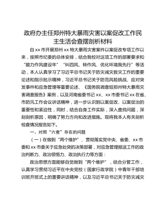 政府办主任郑州特大暴雨灾害以案促改工作民主生活会查摆剖析材料