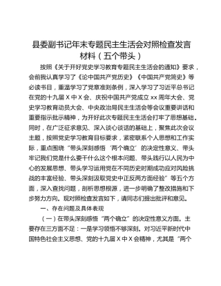 县委副书记年末专题民主生活会对照检查发言材料（五个带头）