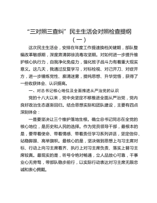 “三对照三查纠”民主生活会对照检查提纲