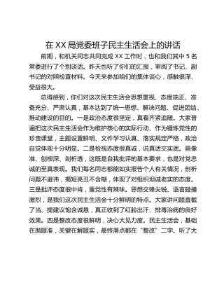在XX局党委班子民主生活会上的讲话