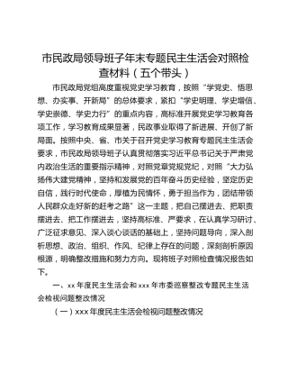 市民政局领导班子年末专题民主生活会对照检查材料（五个带头）