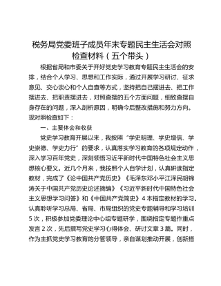 税务局党委班子成员年末专题民主生活会对照检查材料（五个带头）