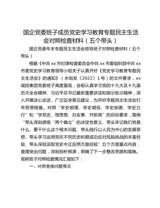 国企党委班子成员党史学习教育专题民主生活会对照检查材料（五个带头）