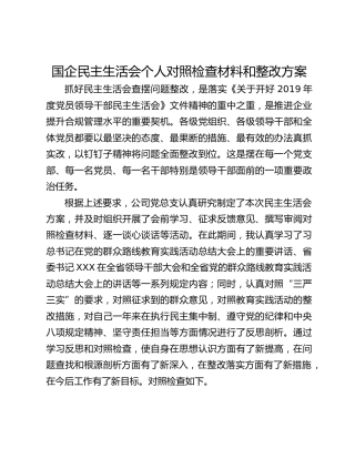 国企民主生活会个人对照检查材料和整改方案
