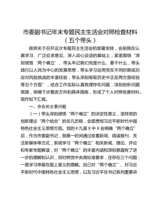 市委副书记年末专题民主生活会对照检查材料（五个带头）