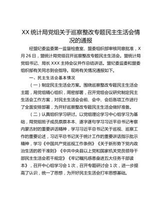 XX统计局党组关于巡察整改专题民主生活会情况的通报