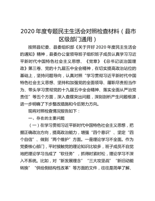 2020年度专题民主生活会对照检查材料（县市区级部门通用）