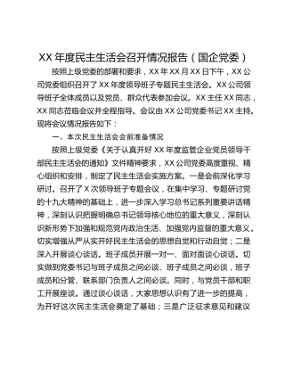 XX年度民主生活会召开情况报告（国企党委）