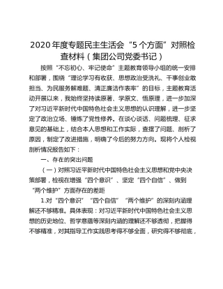 2020年度专题民主生活会“5个方面”对照检查材料（集团公司党委书记）