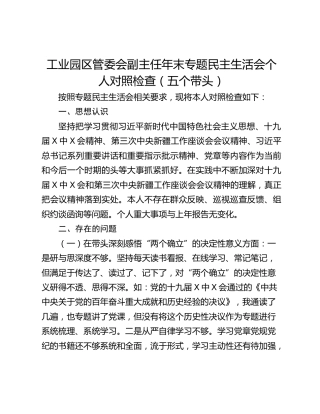 工业园区管委会副主任年末专题民主生活会个人对照检查（五个带头）