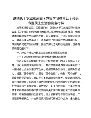 副镇长（农业和道交）党史学习教育五个带头专题民主生活会发言材料