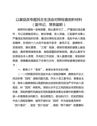 以案促改专题民主生活会对照检查剖析材料（副书记、常务副职）