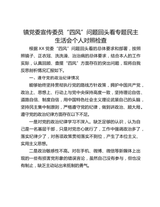 镇党委宣传委员“四风”问题回头看专题民主生活会个人对照检查