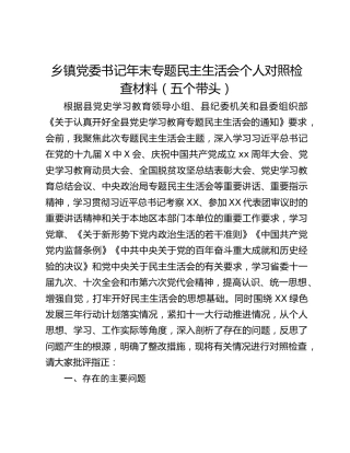 乡镇党委书记年末专题民主生活会个人对照检查材料（五个带头）