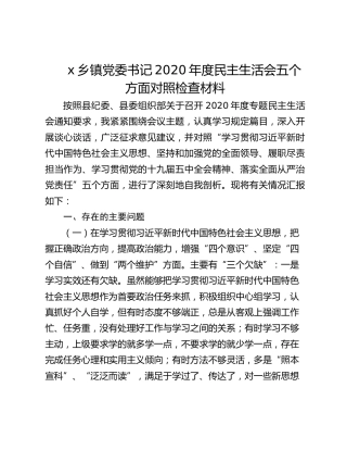乡镇党委书记2020年度民主生活会五个方面对照检查材料