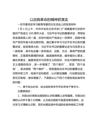 以自我革命的精神抓落实—在市委党史学习教育专题民主生活会上的发言材料