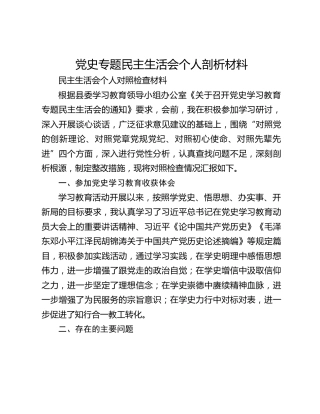 党史专题民主生活会个人剖析材料