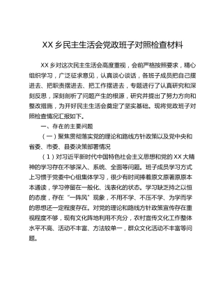 XX乡民主生活会党政班子对照检查材料