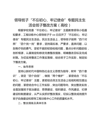 领导班子“不忘初心、牢记使命”专题民主生活会班子整改方案（高校）