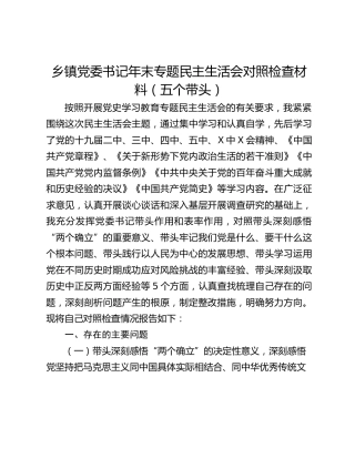 乡镇党委书记年末专题民主生活会对照检查材料（五个带头）
