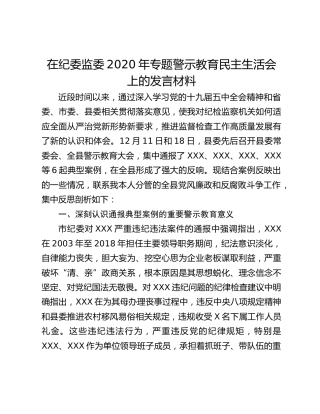 在纪委监委2020年专题警示教育民主生活会上的发言材料