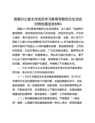 县委办公室主任党史学习教育专题民主生活会对照检查发言材料