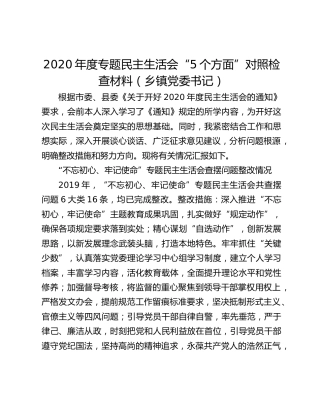 2020年度专题民主生活会“5个方面”对照检查材料（乡镇党委书记）