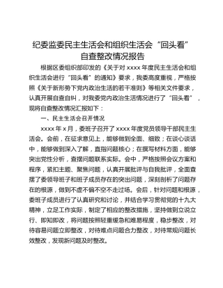 纪委监委民主生活会和组织生活会“回头看”自查整改情况报告